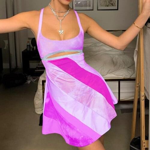 Puloru Chic New Summer Color Block Suspender Mini A-Line Dress Women Ladies Sleeveless Hollow Out Short Flared Sundress Party