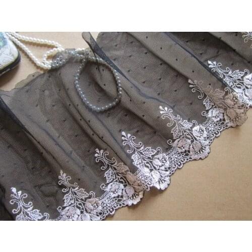 18cm wide-3yards/lot Floria Embroidered Floral Tulle Lace Dotted Black+Light Grey Doll/Dress/Costume