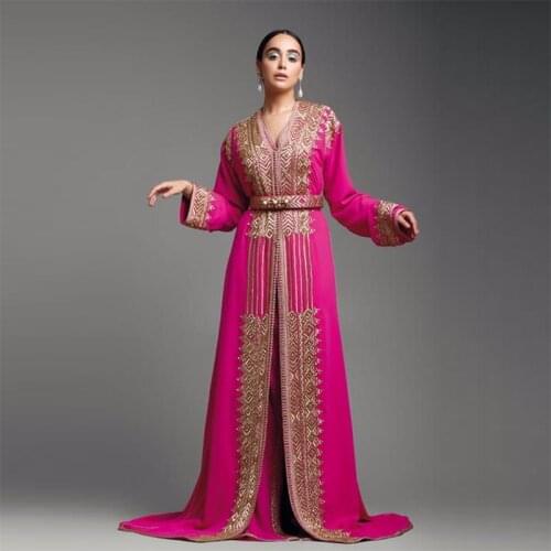 Rose Red Moroccan Kaftan Evening Dress Long Sleeves Lace Appliques Arabic Muslim Prom Dresses Custom Made Special Occasion Gown