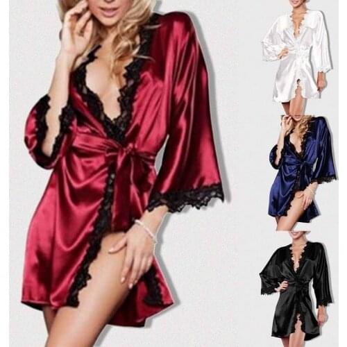 Sexy Lace Nightwear Erotic Lingerie Sleepwear Women Summer See Through Sleep Dress Solid Lace Pajamas Bath Robe Dress Nightgown