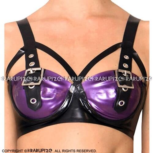 Purple And Black Sexy Latex Bra With Belts Buckles At Front Buttons Back Rubber Lingerie Brassieres 0028