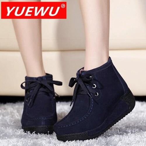 YUEWU Genuine Leather High Upper Plush Cotton Padded Shoes Thick Bottom Snow Boots Lace Up Shoe Of Sponge Cake