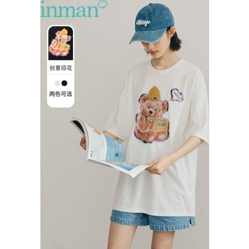 INMAN Summer Autumn T-Shirt Women Dropped Shoulder Bear Printing Loose Slim Round Collar Design Short Sleeve Top