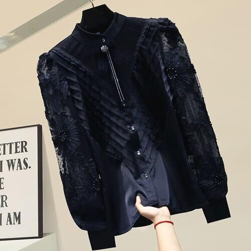 Lace Stitching Blouse for Lady Long Sleeved Shirt Womens All-Matching Office Tops White / Black Blusas 2021 Spring Autumn