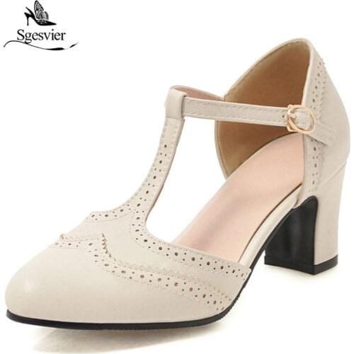 Sgesvier Summer Retro Brogue t-strap large Size 34-43 Fashion Women Oxford Shoes Sandals Shoes Woman High Heels Footwear G378