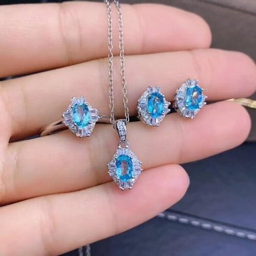S925 Silver Natural Blue Topaz Jewelry Sets Fashion Ring Pendant and Earrings For Women Party Fine Jewelry Real Topaz Gemstones