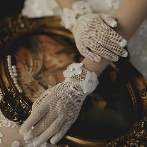 Women Wedding Short Gloves Full Finger See-Through Flower Wrist Length Costume Bride Gloves перчатки кружевные