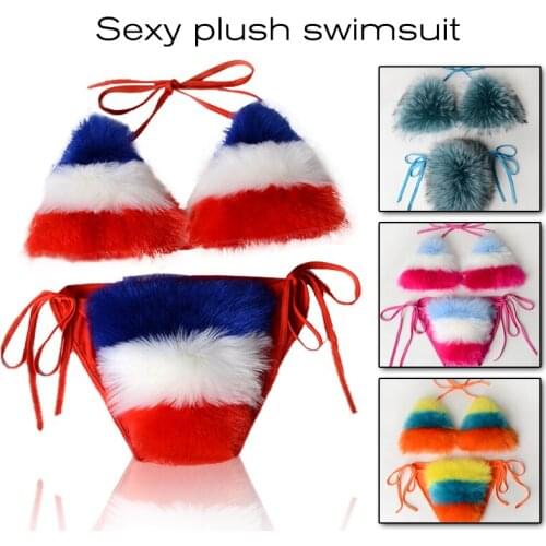 Women Plush Real Fox Fur Bra Beach Sexy Bikini Set Winter Underwear Girls Woman Soft Fluffy Furry Fur Bikini Set