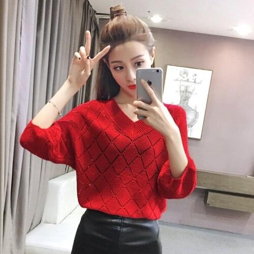 Womens Pullover Sweater New Spring Autumn Hollow Sweater Female Loose Oversized Blouse Bat Sleeve Net Shirt V-neck Coat A188
