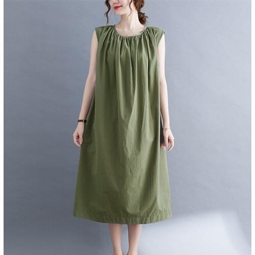 Korea Style Sleeveless Loose Summer Tank Dress Cotton Linen Women Casual Dress Holiday Travel Beach Style Midi Dress