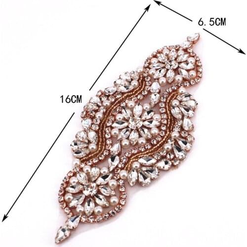 16x6.5cm 1 pcs Rose Sewing On Rhinestone Applique Gold Base Clear Crystal Rhinestones DIY Wedding Evening Dress