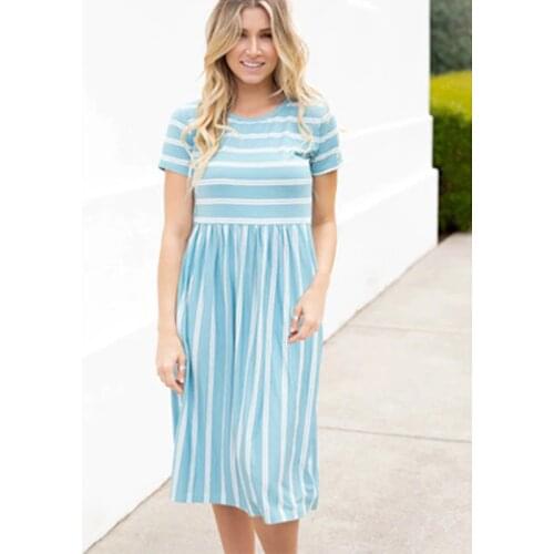 2021 Summer Casual Women O Neck Stripe Baggy Dress Ladies Leisure Short Sleeve Stripe Holiday Package Hip Dresses