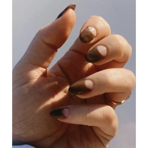 24pcs Dark Brown False Nails Round Head Glue Type Removable Mid Length Paragraph Fashion Manicure Fully Covered Nail Decoration