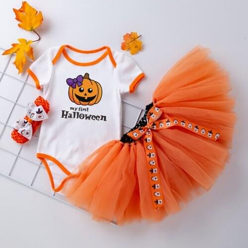 Baby Girls Halloween Letter Outfits Baby Infant Clothing Gold Lace Tutu Pumpkin Romper Skirt Headbands 3PCS Bebes Costume