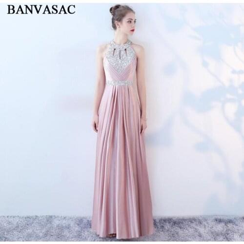 BANVASAC 2018 A Line Luxury Crystal Halter Long Evening Dresses Elegant Party Pleat Sequined Sash Open Back Prom Gowns