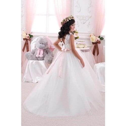 White/Ivory Flower Girl Dresses For Weddings Lace Bow Girls Pageant Dresses First Communion Dresses Beautiful Ball Gown