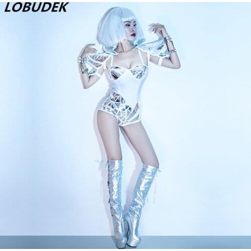 Silver Sequins Bodysuit Armor Bar Nightclub Lady DJ Singer Dancer Stage Wear Space Dance Cosplay Costume Role Performance Outfit