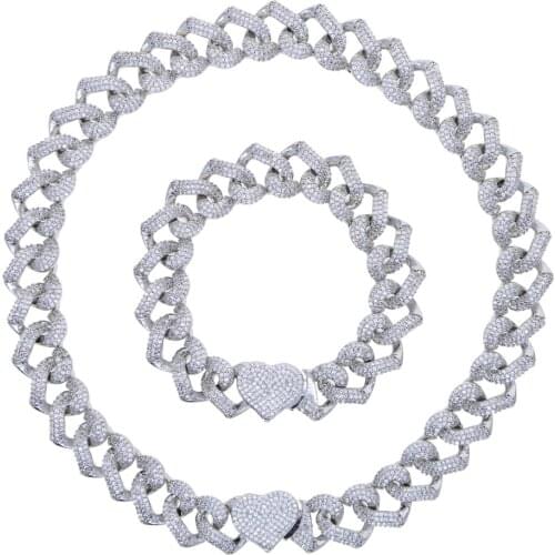 Iced Out Bling 14mm CZ Heart Lock Cuban Link Chain Bracelet With AAA CZ Heart-Shaped Chain Bracelets Women Hip Hop Jewelry