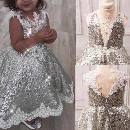 Silver Bling Bling Sequins Puffy Baby Dresses 1st Birthday Party Toddler Pageant Gown with White Laces Flower Girl Wedding Wear