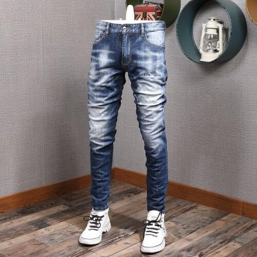 Italian Brand Vintage Fashion Men Jeans Retro Blue Slim Fit Ripped Jeans Men Streetwear Painted Designer Hip Hop Denim Pants