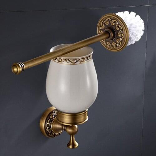 Manufacturers selling antique bathroom toilet brush frame hang hand dull brass ceramic cup toilet brush
