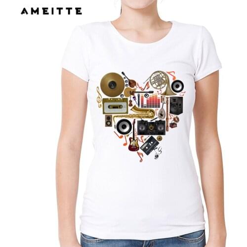 Vintage Musical instrument Print T Shirt Women Music in Love Tshirts Harajuku Tees For Women White O-Neck Casual Tops