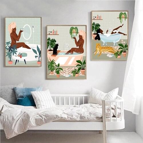 Modern Fashion Canvas Painting Black Girl Bath Time Relax Wall Art Picture For Living Room Home Decor Black Skin Woman No Frame