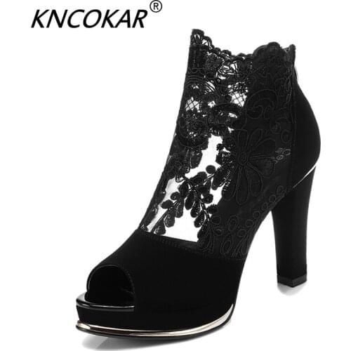 KNCOKAR New High-Heeled Shoes With Coarse Gauze Lace Fish Mouth Sandals Lace Flower Women Sandals Big Yards 34-41 x1079