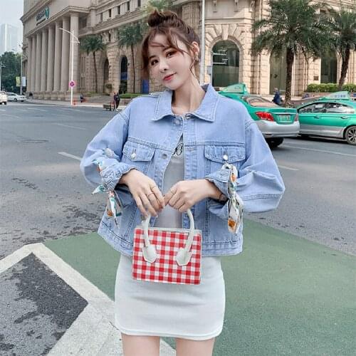 Short Bow Harajuku Long-Sleeved Denim Jacket Woman Spring Autumn 2021 New Korean Fashion Wild Loose Retro Jeans Coat Female A788
