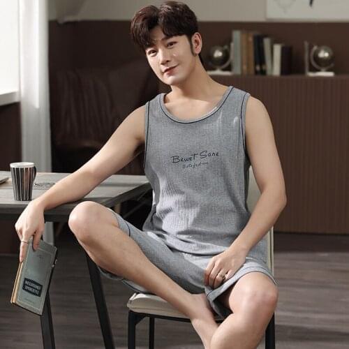 Summer Knitted Cotton Men Pajamas Set Vest Mens Clothing Casual Loose Soft Plus Size L-4XL Male Sleepwear Homewear