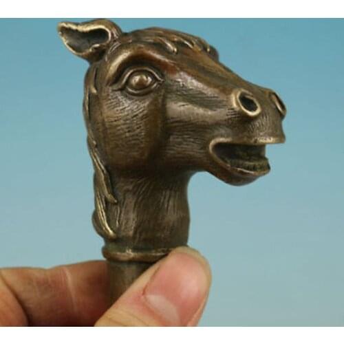 Copper Brass CHINESE crafts decoration chinese Bronze Hand Carved Horse Statue Cane Walking Stick Head