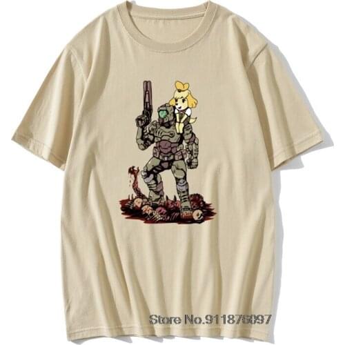 Mens T Shirt Doom Guy and Isabelle Animal Crossing Doomguy Bug Hunter Artwork Art T-shirts Homme Tops & Tees O-Neck Camiseta