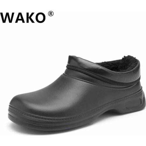 Men Shoes Fur Lined Cook Shoes Waterproof Winter Cotton Slippers Man Woman Non-slip Chef Shoes Warm Kitchen Working Shoes Black