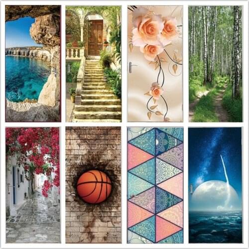 PVC Mural Paper Print Art 3D Lake Sea Bookshelf Door Stickers Home Decor Picture Self Adhesive Waterproof Wallpaper For Bedroom