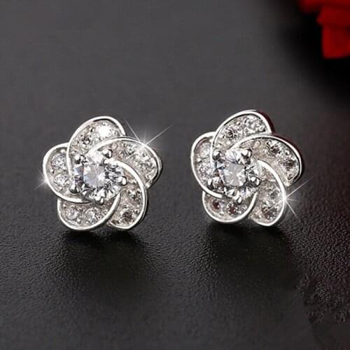 New 925 Sterling Silver Earrings Inlaid Zircon Crystal Rose Flower Stud Earrings For Women Charm Jewelry Gifts