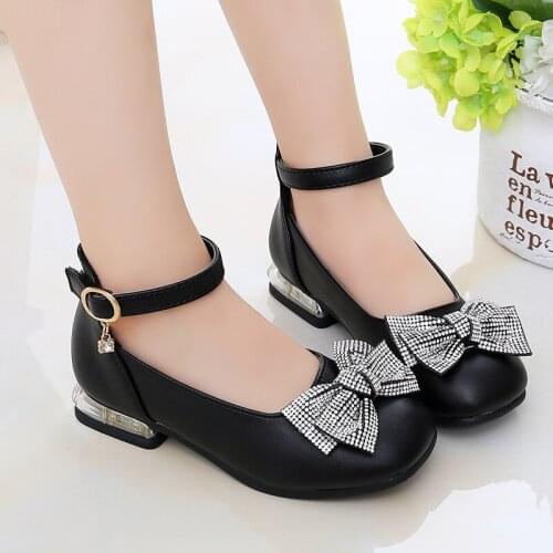 3-12 Year Fashion Crystal Bow High Heels Wedding PU Leather Shoes 2020 Little Girl Party Dresses Big Kids Child Princess Shoes