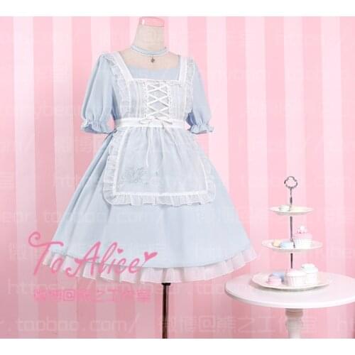 Halloween Kawaii Girls Alice in Wonderland Style Maid Dress Poker Embroidery Oganza Apron + Short Sleeve Dress Fancy Lolita
