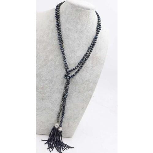 Freshwater pearl black near round 5-6mm 50" black hook necklace tassels wholesale beads nature gift discount FPPJ FPPJ