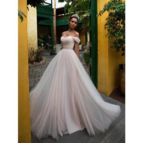 Simple Tulle Off Shoulder Wedding Dress Vintage Pleats Lace Up Bridesmaid Bridal Gown With Sash Custom Made Plus Size Pale Pink