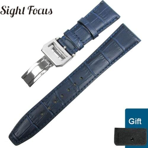 22mm Blue Watch Band for IWC Calf Leather Watch Strap for IWC Pilot Portuguese Seven Day Bracelet Butterfly Folding Buckle Belt
