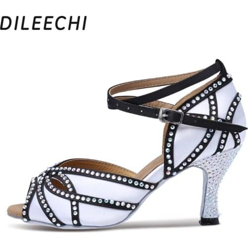 DILEECHI Satin Upper Rhinestones Sandals Dance Shoes Latin Womens salsa dance shoes ballroom dancing shoes white heel 75mm