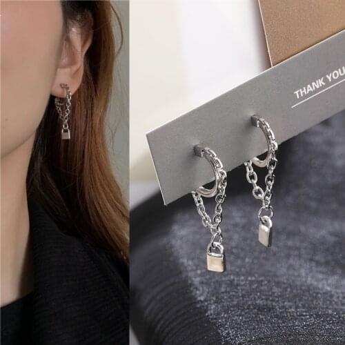Punk Solid Color Metal Chain Lock Pendant Drop Earrings for Women Girls Teens Korean Fashion Earrings 2021 Trend New Arrival
