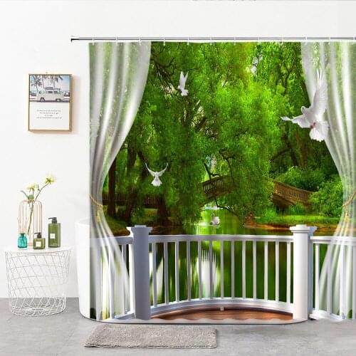 Green Forest Natural Scenery Shower Curtains Outside The Window Country Style Decor Curtain For Bath Spring Summer Autumn Winter
