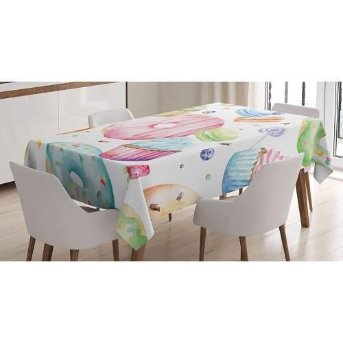 Uniqued Sweets Tablecloth, Delicious Macaron Cupcakes Donuts Muffins Sugar Tasty Yummy Watercolor Design Print