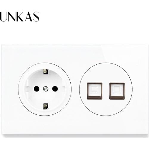 UNKAS 16A EU Standard Wall Socket + Dual RJ45 Internet Data Computer Jack 146MM*86MM Glass And Black Aluminum Panel Outlet