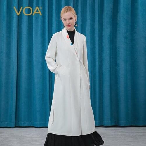 VOA 30m/m Silk White Trench Coat for Women Suit Collar Long Sleeve One Button Strap Pocket Split Mature Woman Windbreaker FE75
