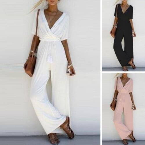 2021 Summer Womens Jumpsuit Short-sleeved V-neck Casual Jumpsuit Overalls Ladies Wide-leg Loose White Black Pink Jumpsuit New