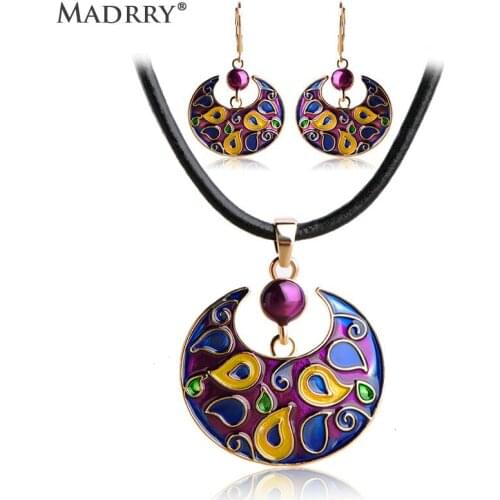 Madrry Colorful Enamel Jewelry Sets Difficult Craft Pendant Necklace & Earrings Leather Chain Hip Hop Feminino Aretes 2 Colors