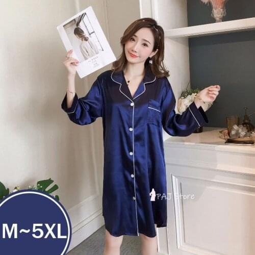 Plus Size Women Satin Silk Night Dress Summer Long Sleeve Sleepshirts Sexy Turn-down Collar Large Size Homewear M-5XL Pyjama