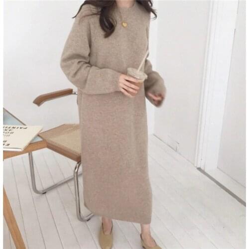 Knitted Sweater Dress Women Autumn Winter Korean Vintage O Neck Full Sleeve Casual Maxi Long Dress Plus Size Vestido Robe Femme